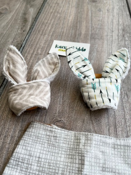 Kasual Kiddo Handmade small shop baby bundle, 2 bunny ear teethers and 1 bib, new