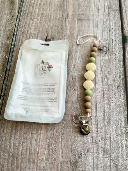 MaeBerry Accessories small shop handmade baby teething toy/pacifier clip, cream/green/light brown, new