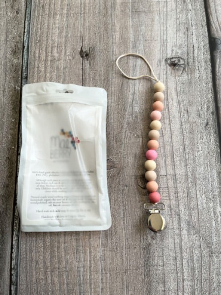 MaeBerry Accessories small shop handmade baby teething toy/pacifier clip, cream/beige/peach/pink, new