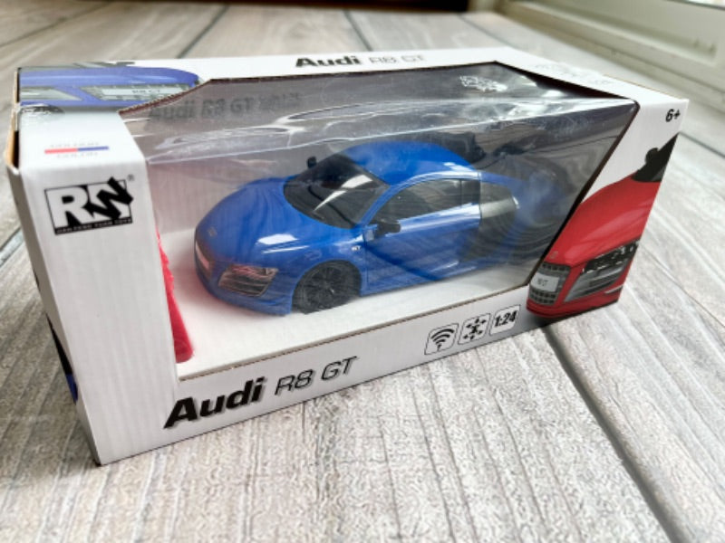 RW Audi R8 GT remote controlled sports car, blue, new in box