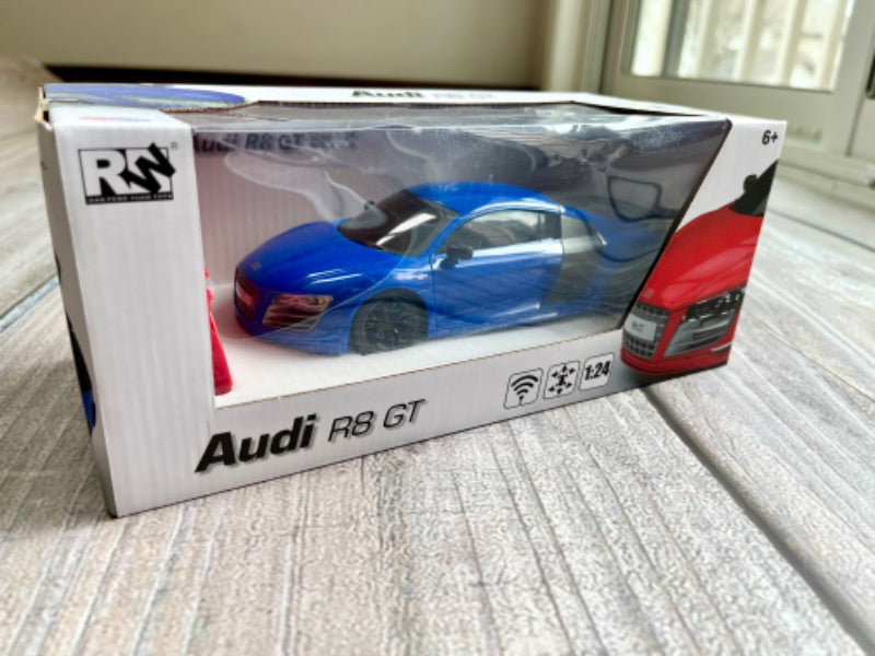 RW Audi R8 GT remote controlled sports car, blue, new in box