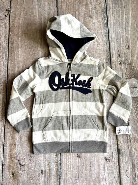 Osh Kosh size 6 boys white grey striped logo zip up sweater, zip up hoodie, new with tags, Kids 6/6X (extra small)