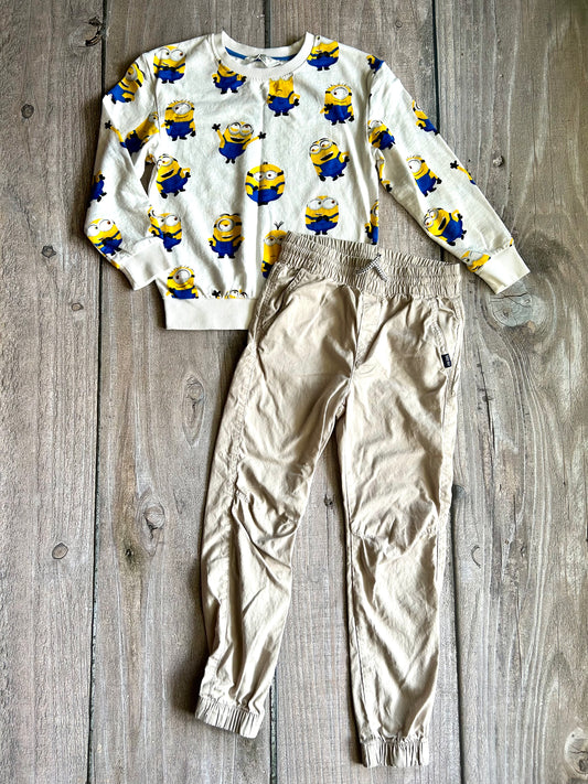 H&M size 6-8yrs Minions themed sweatshirt, sweater & 7-8yrs beige cargo pants, Kids 6/6X (extra small)