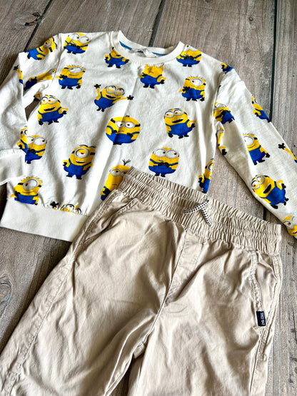 H&M size 6-8yrs Minions themed sweatshirt, sweater & 7-8yrs beige cargo pants, Kids 6/6X (extra small)