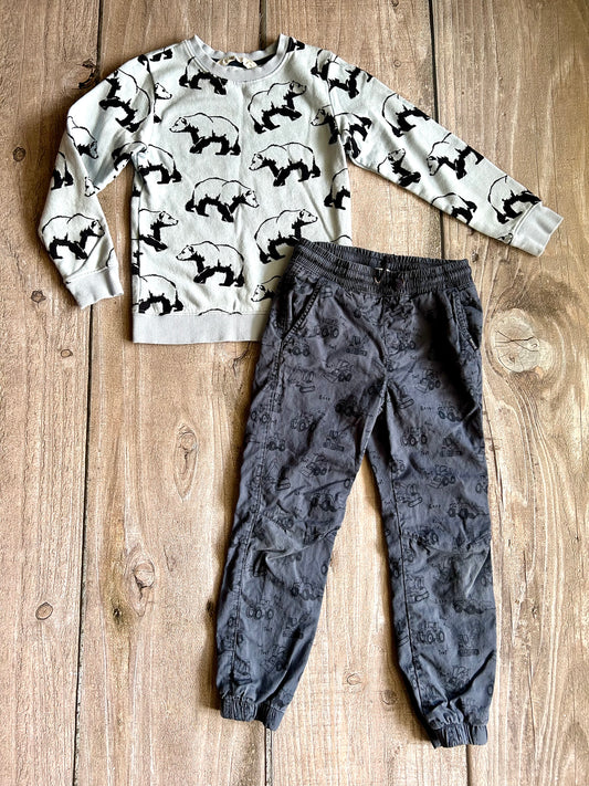 H&M size 6-8yrs light blue bear themed sweatshirt sweater & size 6-7yrs dark blue construction themed cargo pants, Kids 6/6X (extra small)