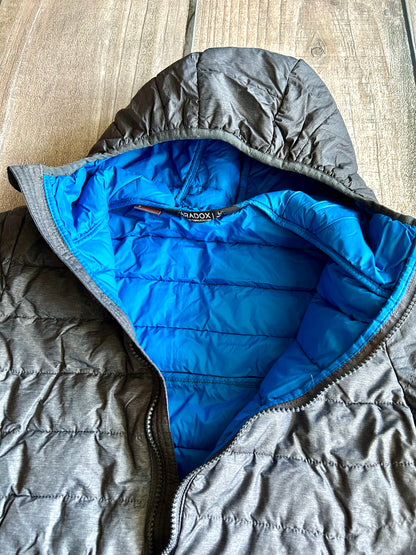 Paradox size 10-12 boys primaloft packable puffer jacket, dark grey and blue, Kids 10 (medium)