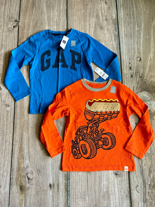 BabyGap size 5T boys long sleeve top bundle, blue GAP logo, orange construction truck, new with tags, Kids 5/5T (extra small)