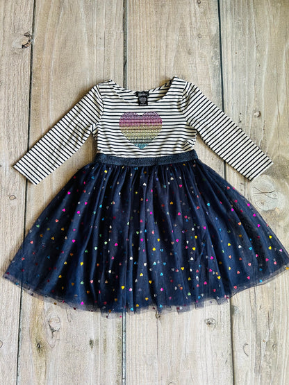 Zunie size 6 girls dark navy blue tulle skirt dress with rainbow foil hearts, Kids 6/6X (extra small)