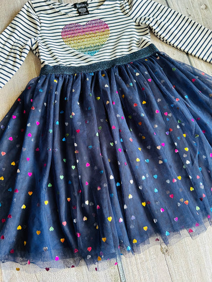 Zunie size 6 girls dark navy blue tulle skirt dress with rainbow foil hearts, Kids 6/6X (extra small)