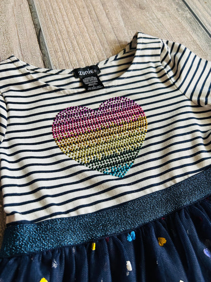 Zunie size 6 girls dark navy blue tulle skirt dress with rainbow foil hearts, Kids 6/6X (extra small)