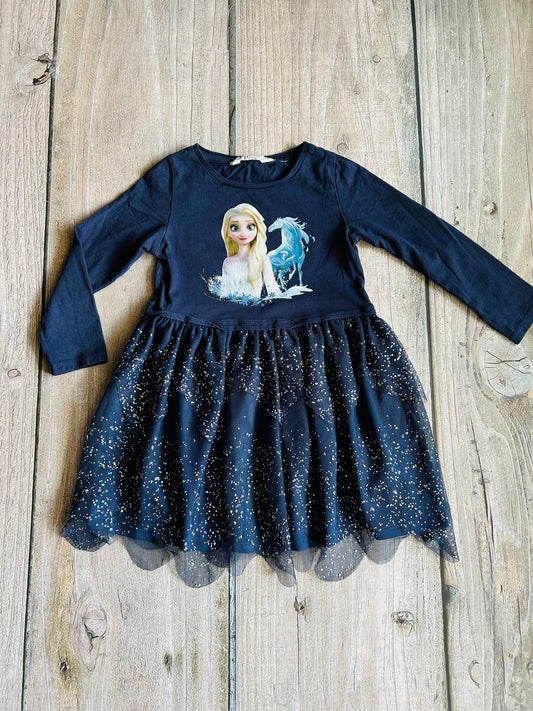 H&M size 4-6yrs girls Disney Frozen 2 Elsa dress, dark blue, silver sparkly tulle skirt, Kids 4/4T