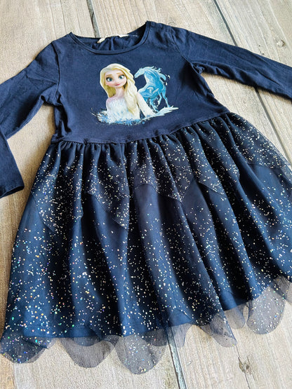 H&M size 4-6yrs girls Disney Frozen 2 Elsa dress, dark blue, silver sparkly tulle skirt, Kids 4/4T