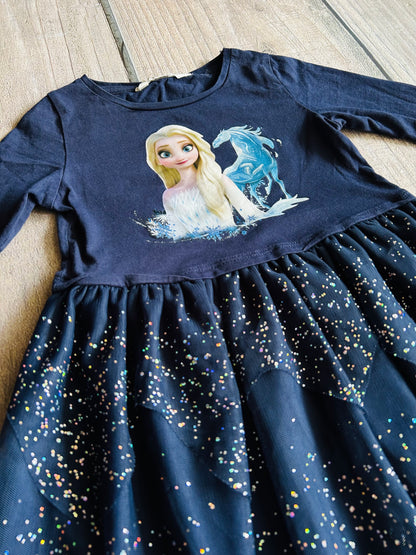 H&M size 4-6yrs girls Disney Frozen 2 Elsa dress, dark blue, silver sparkly tulle skirt, Kids 4/4T