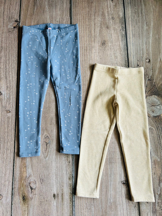 Osh Kosh & Joe Fresh size 6T girls cozy winter leggings bundle, blue with hearts and oatmeal off white with silver sparkles, like new, Kids 6/6X (extra small)