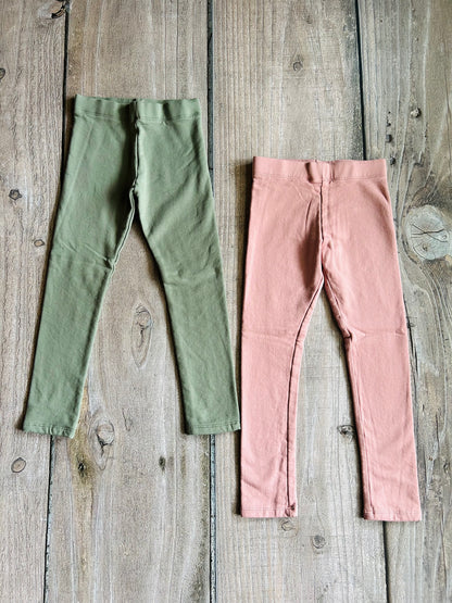 H&M size 5-6yrs girls olive green and dusty rose pink brushed leggings, like new, Kids 5/5T (extra small)