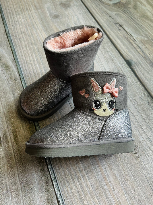H&M size 9-9.5T girls grey pink sparkly faux fur bunny boots, EEUC, Shoes 9.5 (Toddler:2-4yr)