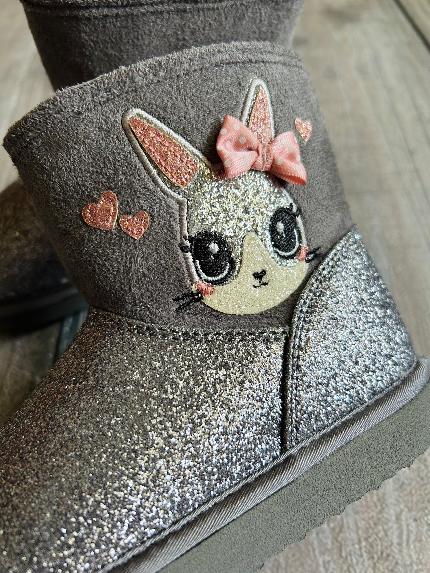 H&M size 9-9.5T girls grey pink sparkly faux fur bunny boots, EEUC, Shoes 9.5 (Toddler:2-4yr)