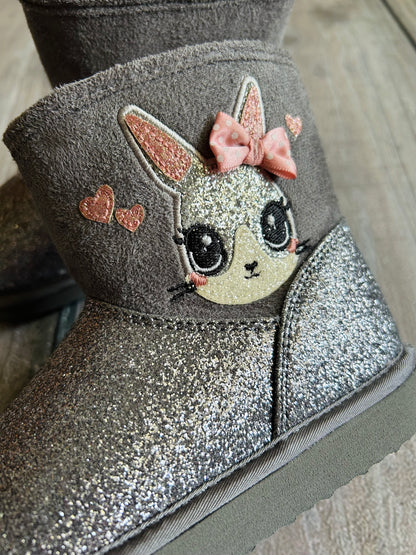 H&M size 9-9.5T girls grey pink sparkly faux fur bunny boots, EEUC, Shoes 9.5 (Toddler:2-4yr)