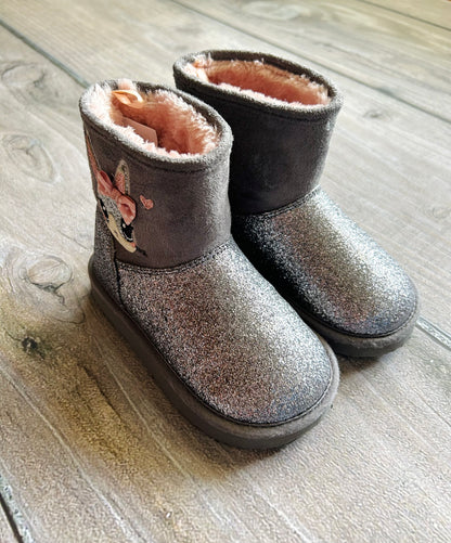 H&M size 9-9.5T girls grey pink sparkly faux fur bunny boots, EEUC, Shoes 9.5 (Toddler:2-4yr)