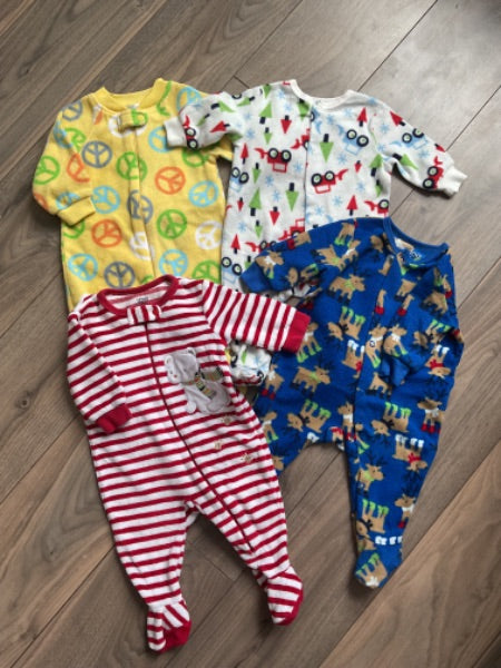 Fleece Sleepers Bundle of 4 Yellow Peace, White Trucks, Blue Reindeer Red Stripe, Kids 3 Month (0-3M)