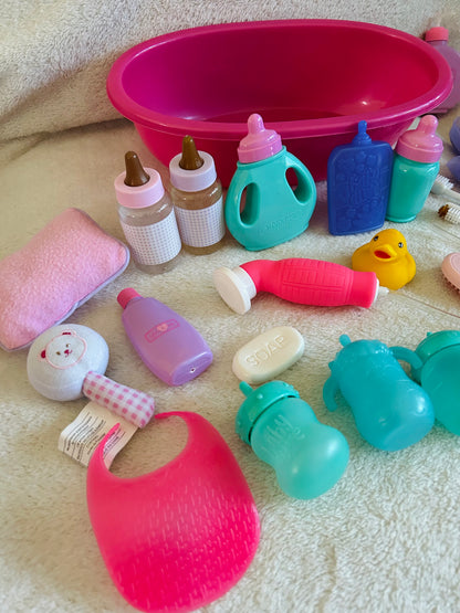 Doll bath & play accessories bundle, EUC