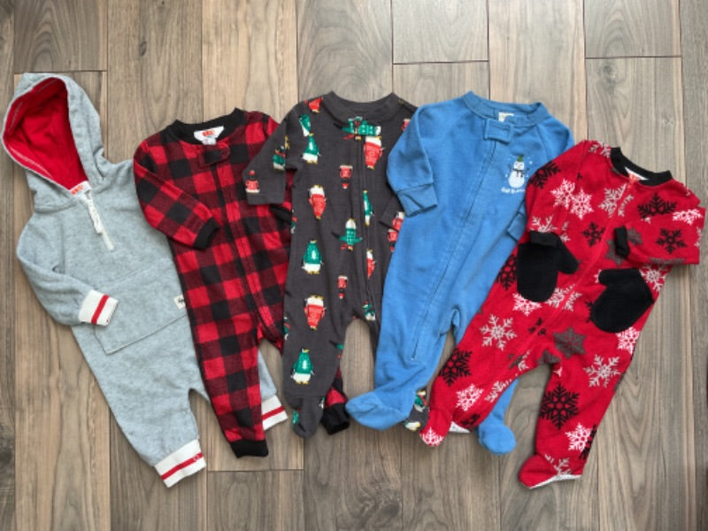 Fleece sleepers - 2 Red, 2 Grey, 1 Blue, Kids 6 Month (3-6M)