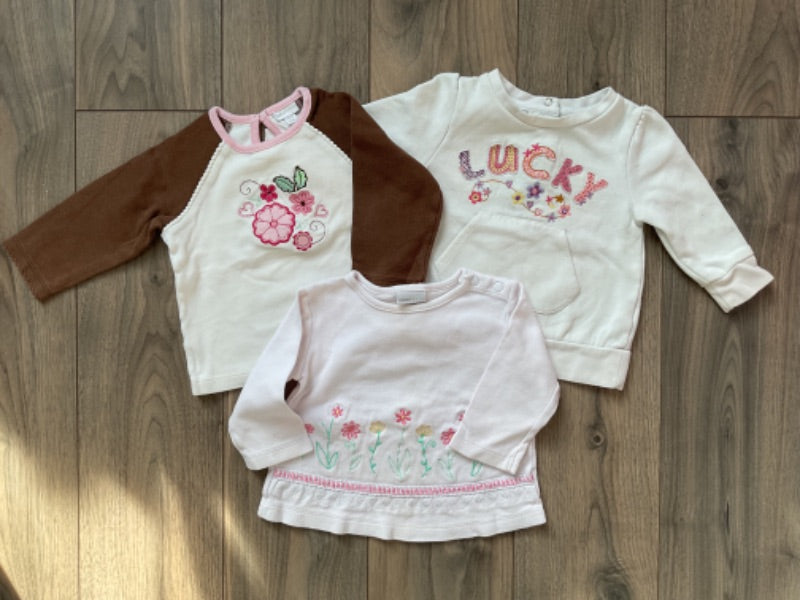 Long Sleeve Flower Shirts - Bundle of 3, White and Brown, Kids 12 Month (9-12M)