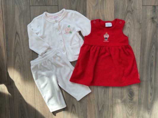 Fleece Red Dress, White Velour Outfit, Kids 6 Month (3-6M)