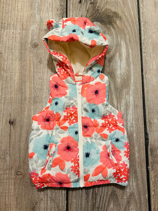 Gymboree size 2T girls pink blue floral print puffer zip up vest with hoodie with ears, like new, Kids 2T