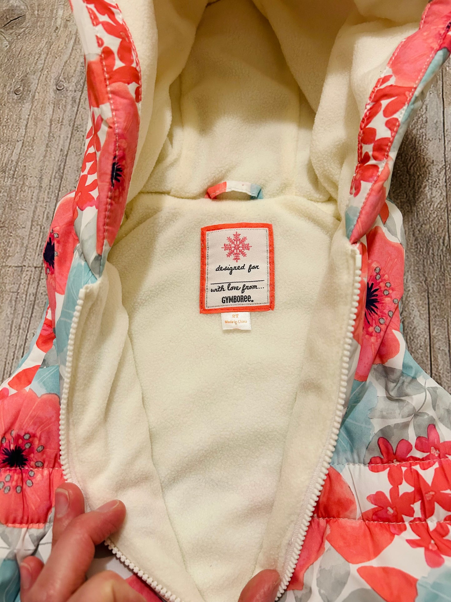 Gymboree size 2T girls pink blue floral print puffer zip up vest with hoodie with ears, like new, Kids 2T