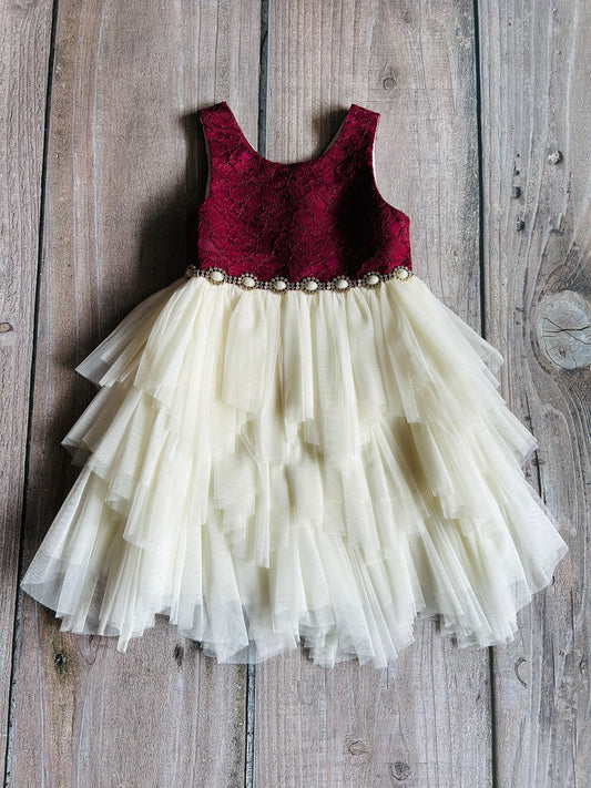 Cinderella size 5 girls dark red and cream fancy tulle dress with crochet bodice, like new, Kids 5/5T (extra small)