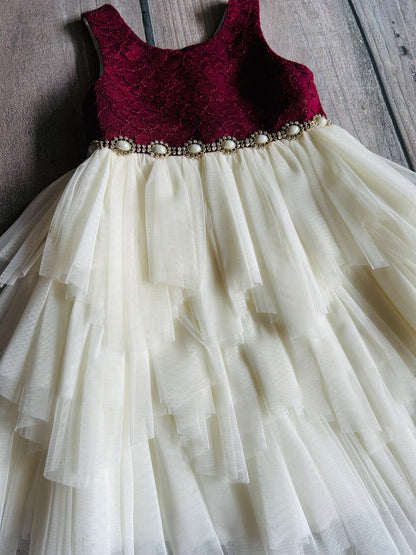 Cinderella size 5 girls dark red and cream fancy tulle dress with crochet bodice, like new, Kids 5/5T (extra small)