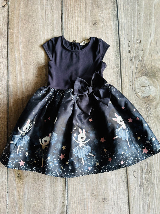 H&M size 4-6yrs girls dark midnight blue fancy dress with big bow, bunny ballerinas, Kids 6/6X (extra small)