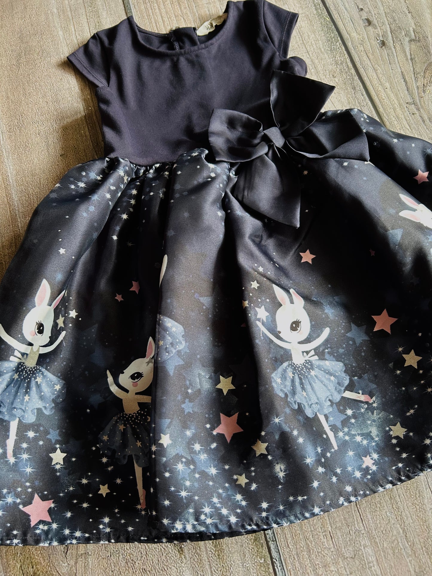 H&M size 4-6yrs girls dark midnight blue fancy dress with big bow, bunny ballerinas, Kids 6/6X (extra small)