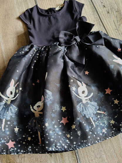 H&M size 4-6yrs girls dark midnight blue fancy dress with big bow, bunny ballerinas, Kids 6/6X (extra small)