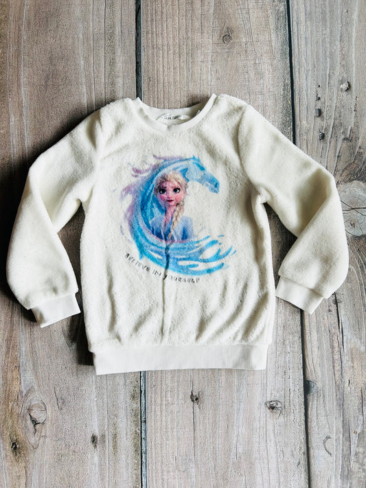H&M x Disney size 4-6yrs girls Frozen 2 Elsa plush white sweater, pullover, silver sparkles, Kids 6/6X (extra small)