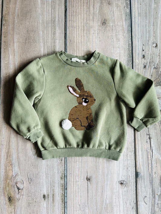 H&M size 4-6yrs girls olive green sweater, pullover, bunny with flip sequins, Kids 6/6X (extra small)