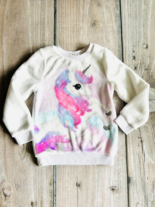H&M size 4-6yrs girls plush unicorn sweater, pullover, like new, Kids 6/6X (extra small)
