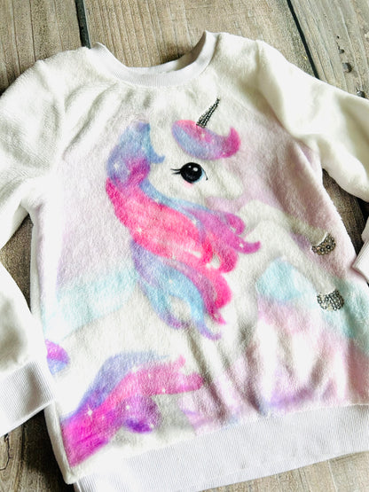 H&M size 4-6yrs girls plush unicorn sweater, pullover, like new, Kids 6/6X (extra small)