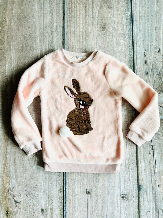 H&M size 4-6yrs girls light pink soft plush bunny sequins sweater, pullover, like new, Kids 6/6X (extra small)