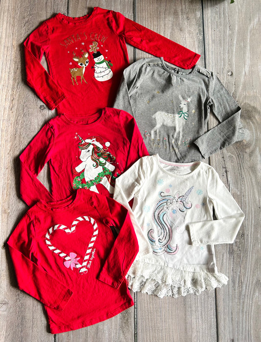 Bundle of long sleeve Christmas tops, size 5-6 and size 6 girls, unicorns, deer, candy cane, snowman, reindeer, Kids 6/6X (extra small)