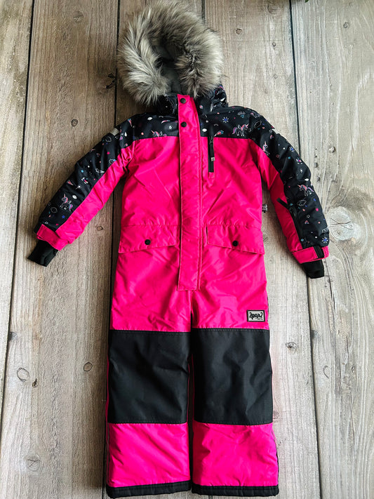 Deux Par Deux size 6 girls one piece snowsuit, pink black, unicorn print, grow with me, retails for $240, Kids 6/6X (extra small)