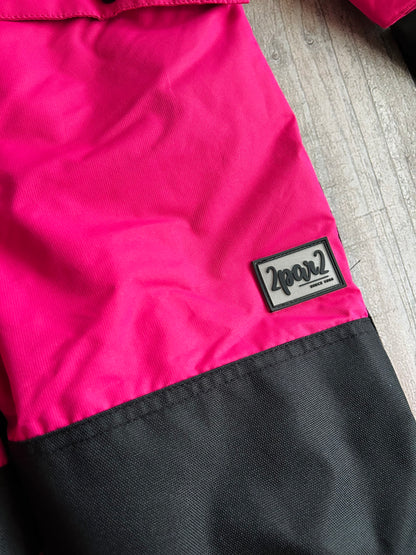 Deux Par Deux size 6 girls one piece snowsuit, pink black, unicorn print, grow with me, retails for $240, Kids 6/6X (extra small)
