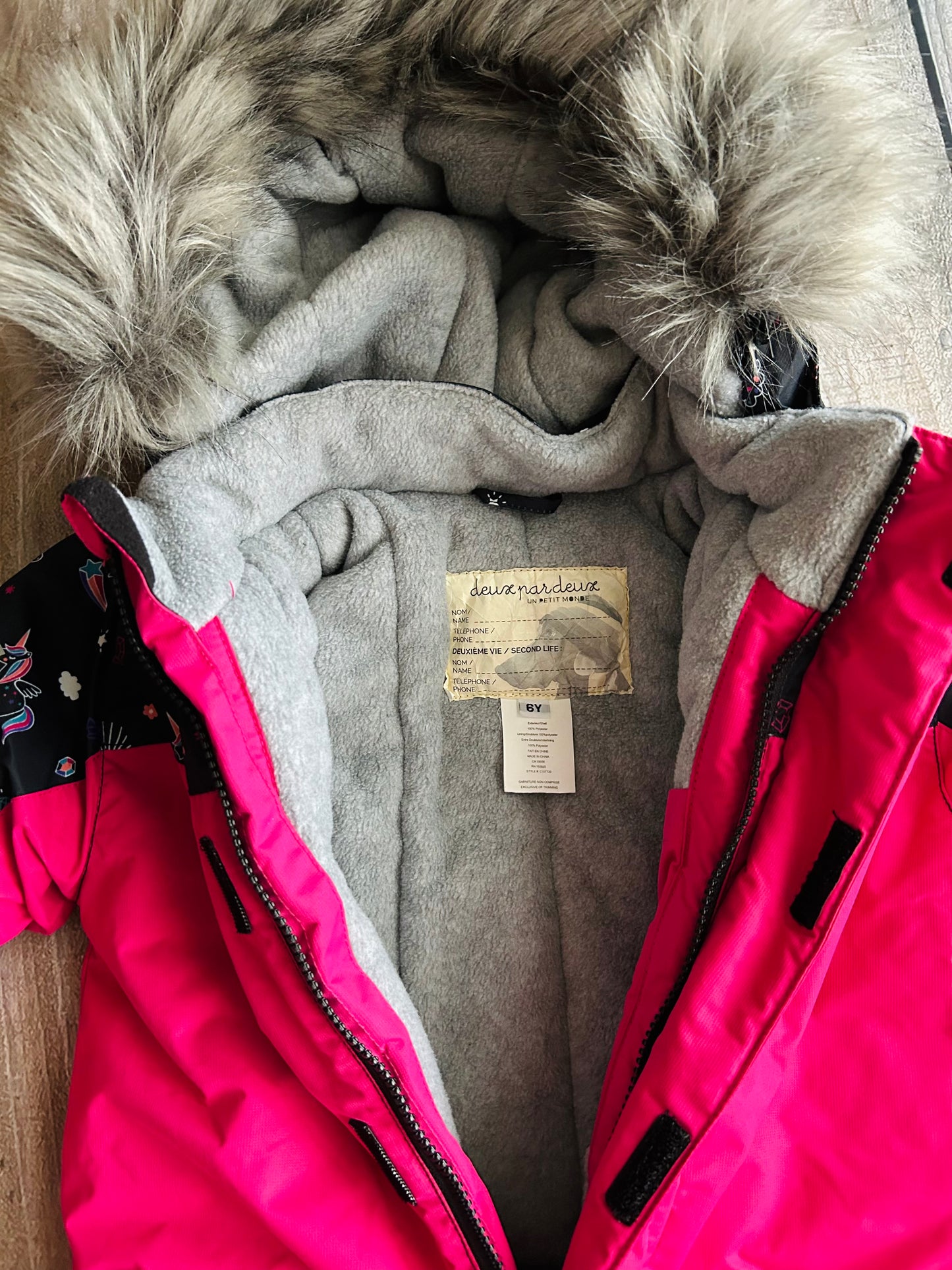 Deux Par Deux size 6 girls one piece snowsuit, pink black, unicorn print, grow with me, retails for $240, Kids 6/6X (extra small)