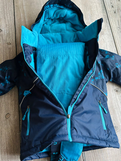 Xmtn size 6 girls 2-piece snowsuit, winter jacket and snow pants, dark blue and blue floral, like new, Kids 6/6X (extra small)