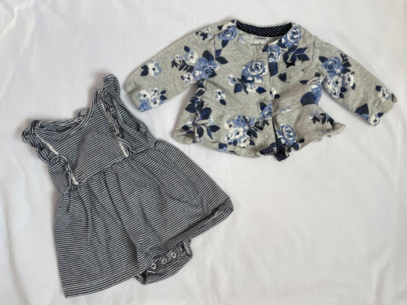 Carter’s 6 month striped onesie dress with floral sweater , Kids 6 Month (3-6M)