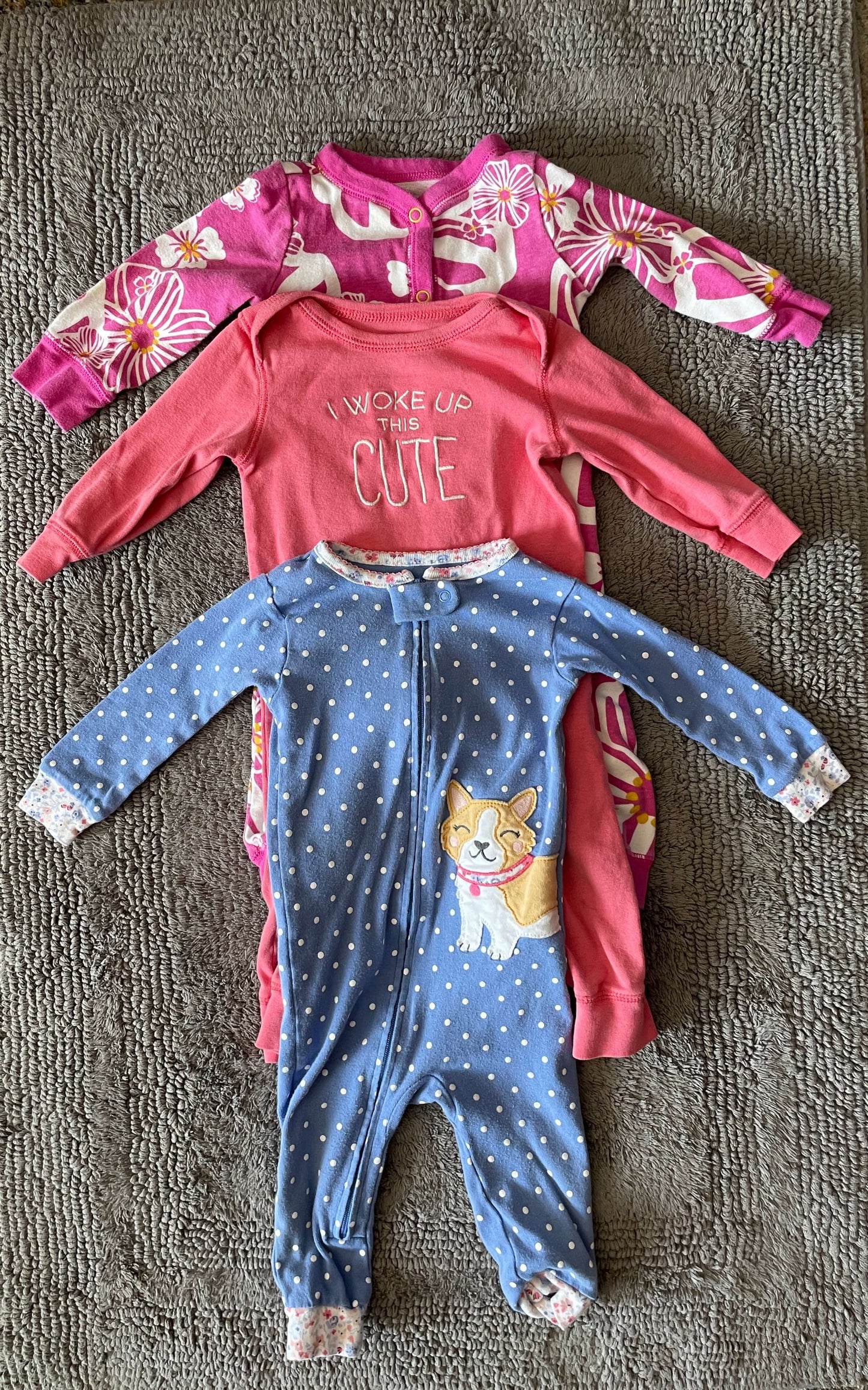 Bundle of 3 Carter's 9M footless pajamas- blue corgi, purple tropical, and "woke up this cute", Kids 9 Month (6-9M)