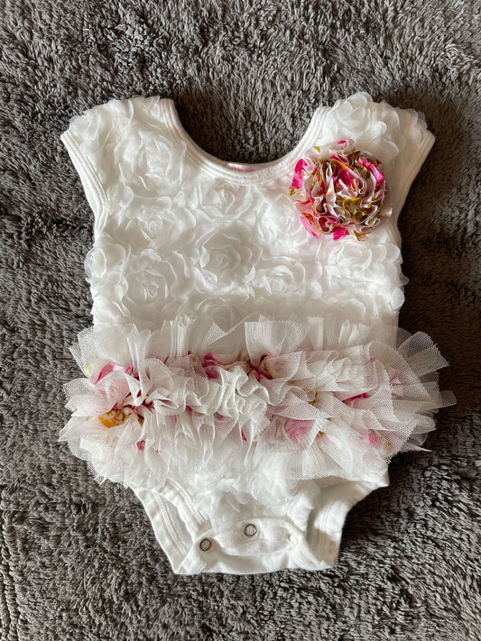 Popatu 12M onesie with flowers and tutu, white and pink, Kids 12 Month (9-12M)