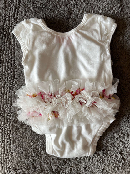 Popatu 12M onesie with flowers and tutu, white and pink, Kids 12 Month (9-12M)