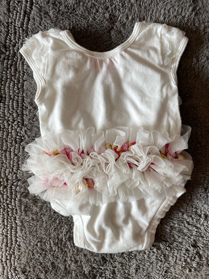 Popatu 12M onesie with flowers and tutu, white and pink, Kids 12 Month (9-12M)